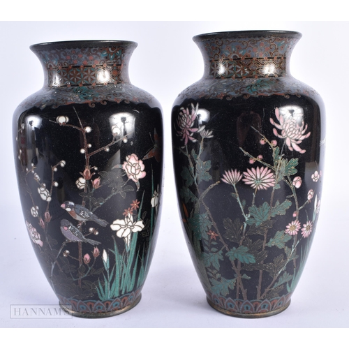 59 - A PAIR OF 19TH CENTURY JAPANESE MEIJI PERIOD CLOISONNE ENAMEL VASES decorated with birds amongst fol... 