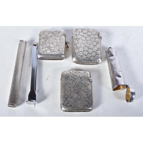 627 - Three Silver Vesta Cases together with a Silver Cheroot Holder and a Silver Pipe Combination Tool.  ... 