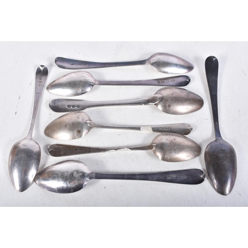 629 - Eight Assorted Georgian Silver Spoons.  Hallmarks incl Chester.  Largest 14.1 cm x 2.9cm, total weig... 