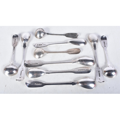 630 - Ten Assorted Antique Silver Condiment Spoons.  Hallmarks incl Chester, Irish.  Largest 14.5cm x 2.4c... 