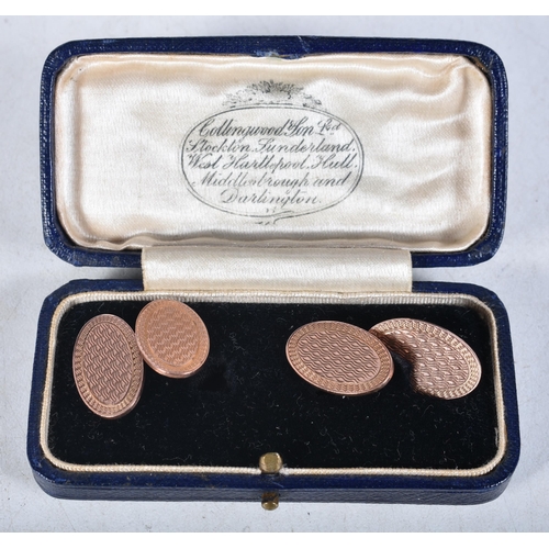 655 - A Pair of 9 Carat Rose Gold Cufflinks in fitted box.  Stamped 375.  1.9cm x 1.2cm, total weight 9.93... 