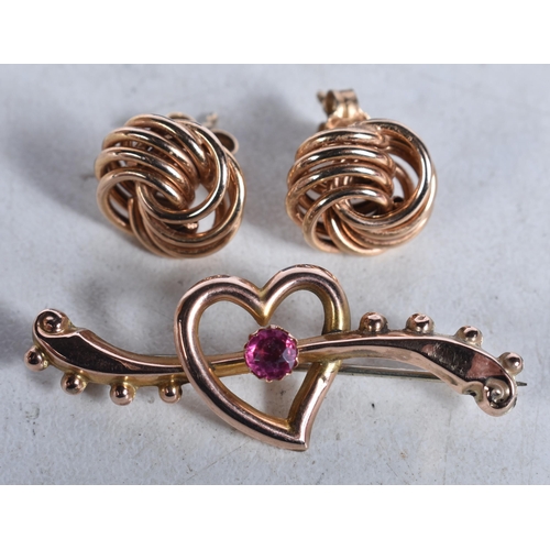 656 - A Pair of 9 Carat Gold Earrings in a fitted case together with a 9 Carat Gold Sweetheart Brooch. Bot... 