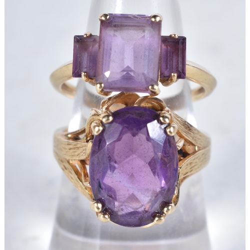 657 - Two 9 Carat Gold Rings with Amethyst. Stamped 375. Sizes N & P, total weight 8.25g (2)