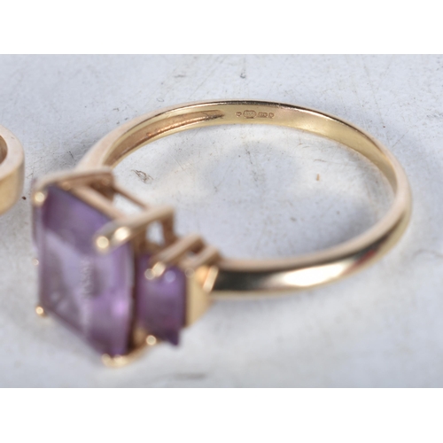 657 - Two 9 Carat Gold Rings with Amethyst. Stamped 375. Sizes N & P, total weight 8.25g (2)