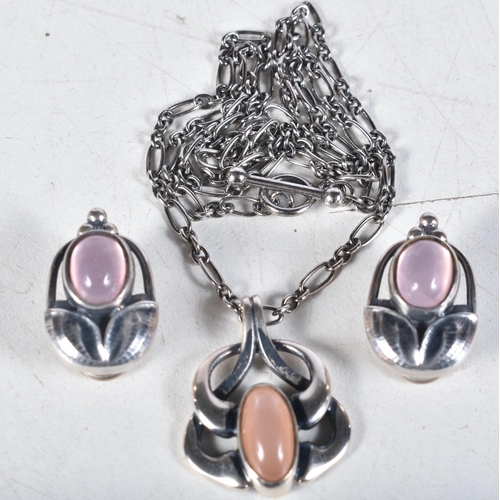 662 - Georg Jensen Heritage Rose Quartz and Sterling Silver Ear Clips and Matching Pendant Necklace in Ori... 