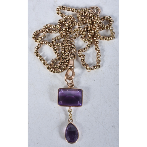 665 - A 9 Carat Gold Pendant Necklace with 2 Gold Mounted Amethyst Drops. Stamped 9C, Chain 64cm long, Pen... 