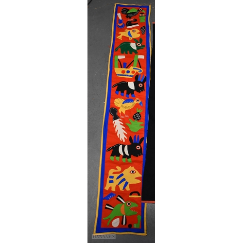 6 - TWO AFRICAN TRIBAL EMBROIDERED ABOMEY WALL HANGINGS. 150 cm long.