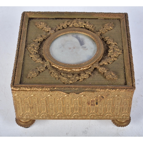 700 - Antique French Gilt Brass Box w/ Miniature Portrait Lid.  8.5cm x 8.3cm x 5cm