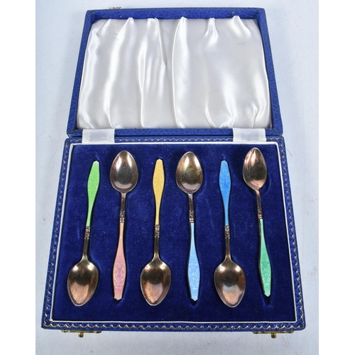 703 - A Cased Set of Six Silver Gilt an Guilloche Enamel Coffee Spoons by Henry Clifford Davis.  Hallmarke... 