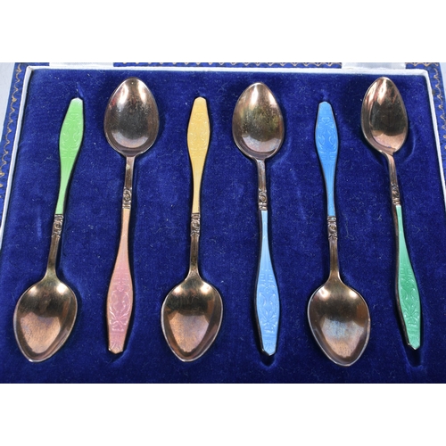 703 - A Cased Set of Six Silver Gilt an Guilloche Enamel Coffee Spoons by Henry Clifford Davis.  Hallmarke... 