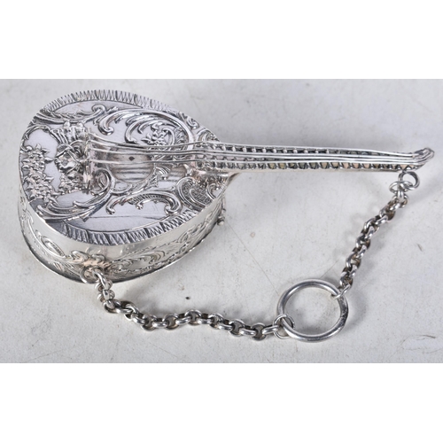 712 - A Continental Silver Novelty Pill Box in the form of a Mandolin.  Stamped 800.  8.1 cm x 3.4cm x 2.5... 