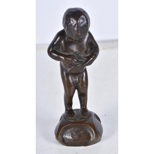 721 - A German Bronze of a Naked Boy holding an envelope.  11.8 cm x 4.4cm x 4.3cm, weight 5069g