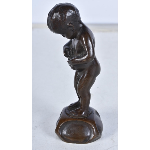 721 - A German Bronze of a Naked Boy holding an envelope.  11.8 cm x 4.4cm x 4.3cm, weight 5069g