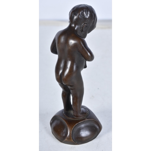 721 - A German Bronze of a Naked Boy holding an envelope.  11.8 cm x 4.4cm x 4.3cm, weight 5069g