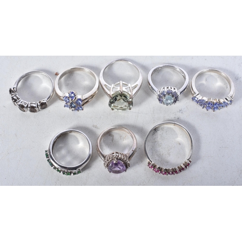 741 - 8 Sterling Silver Rings set with Gems.  Stamped 925.  Sizes K, O, R, S, P, X.  Total weight 28.7g (8... 