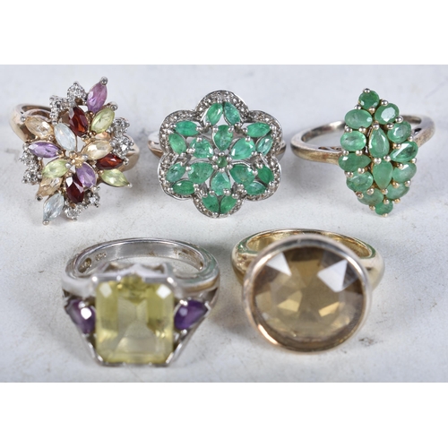 746 - 5 Sterling Silver Rings set with Gems.  Stamped 925.  Sizes M, O, R, T, P.  Total weight 27.9g (8)