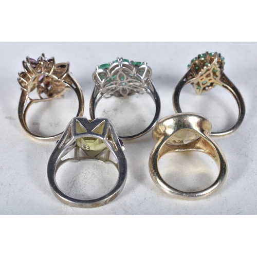 746 - 5 Sterling Silver Rings set with Gems.  Stamped 925.  Sizes M, O, R, T, P.  Total weight 27.9g (8)