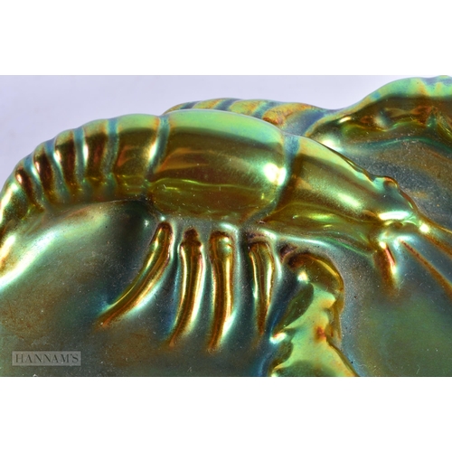 82 - A HUNGARIAN ZSOLNAY PECS LUSTRE LOBSTER DISH. 15 cm wide.