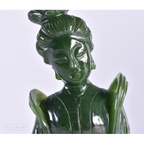 84 - A LATE 19TH CENTURY CHINESE CARVED SPINACH JADE FIGURE OF AN IMMORTAL Late Qing. 19 cm high.