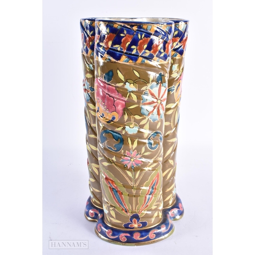 85 - A LARGE HUNGARIAN FISCHER CERAMIC LUSTRE TRIPLE VASE painted with flowers. 32 cm x 14 cm.