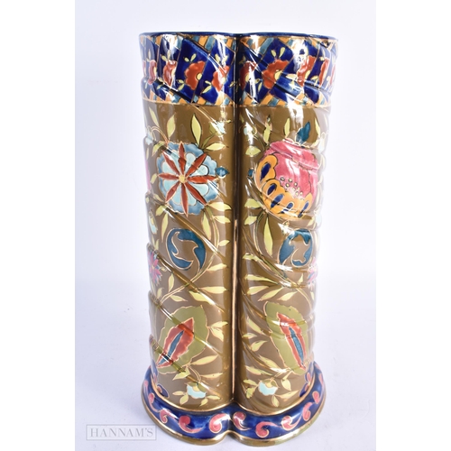 85 - A LARGE HUNGARIAN FISCHER CERAMIC LUSTRE TRIPLE VASE painted with flowers. 32 cm x 14 cm.