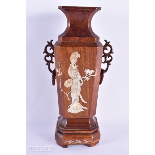 92 - A LARGE CHINESE REPUBLICAN PERIOD MOTHER OF PEARL HARDWOOD VASE together with a tea brick. Largest 3... 