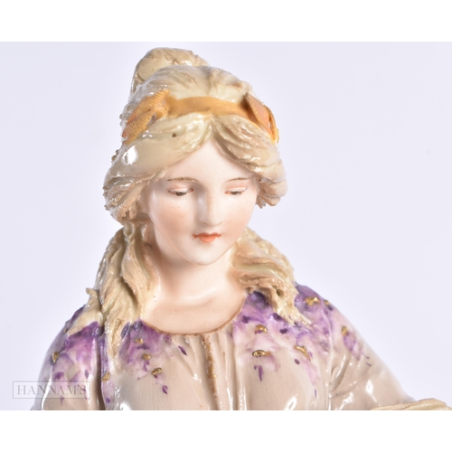 94 - AN EARLY 20TH CENTURY AUSTRIAN VIENNA PORCELAIN FIGURE OF A FEMALE modelled beside a globe. 26 cm hi... 