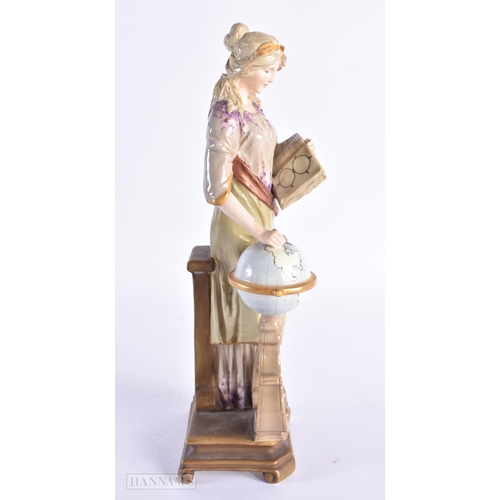 94 - AN EARLY 20TH CENTURY AUSTRIAN VIENNA PORCELAIN FIGURE OF A FEMALE modelled beside a globe. 26 cm hi... 