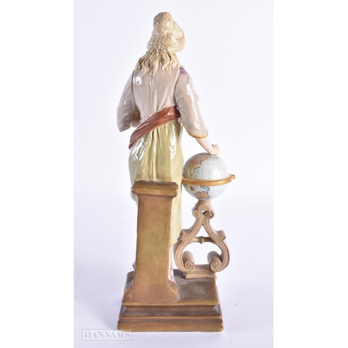 94 - AN EARLY 20TH CENTURY AUSTRIAN VIENNA PORCELAIN FIGURE OF A FEMALE modelled beside a globe. 26 cm hi... 