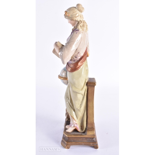 94 - AN EARLY 20TH CENTURY AUSTRIAN VIENNA PORCELAIN FIGURE OF A FEMALE modelled beside a globe. 26 cm hi... 