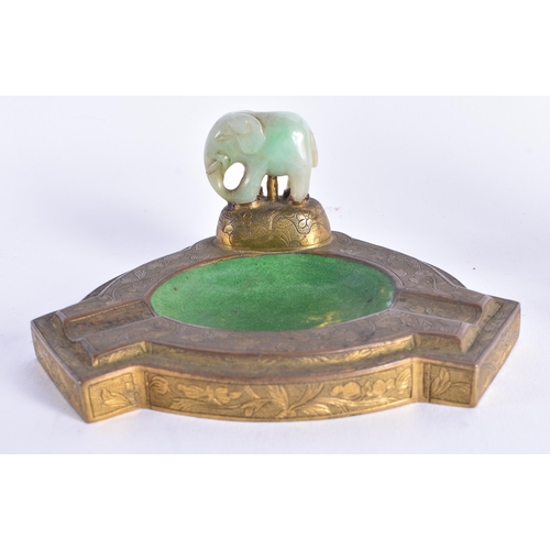 1055 - A LATE 19TH CENTURY CHINESE CARVED JADEITE GILT METAL DESK STAND together with a cloisonne enamel bo... 