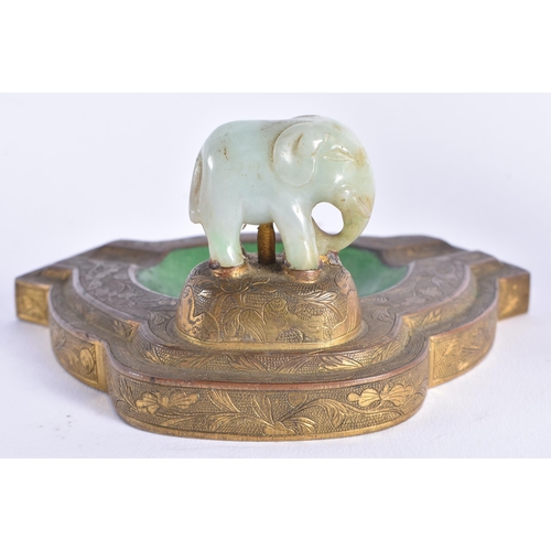 1055 - A LATE 19TH CENTURY CHINESE CARVED JADEITE GILT METAL DESK STAND together with a cloisonne enamel bo... 