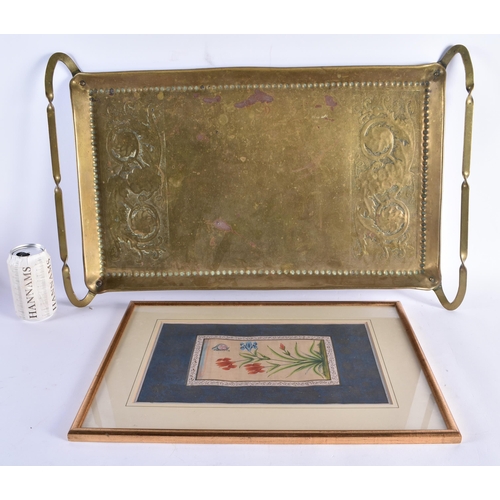 1080 - A LARGE ART NOUVEAU BRASS TRAY together with an Islamic botanical watercolour. Largest 68 cm x 42 cm... 