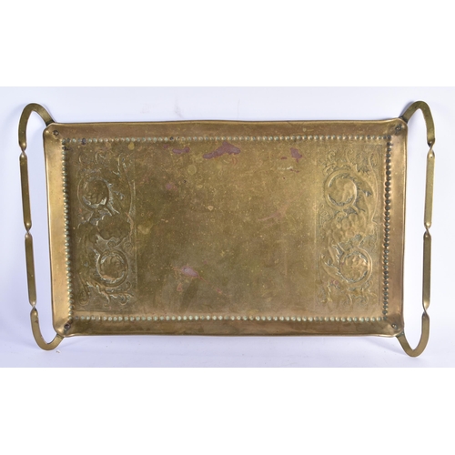 1080 - A LARGE ART NOUVEAU BRASS TRAY together with an Islamic botanical watercolour. Largest 68 cm x 42 cm... 