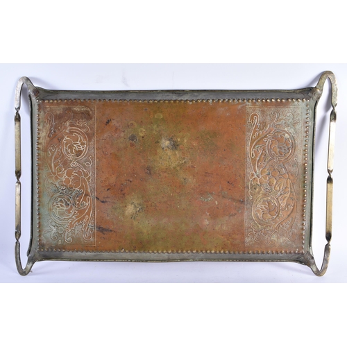 1080 - A LARGE ART NOUVEAU BRASS TRAY together with an Islamic botanical watercolour. Largest 68 cm x 42 cm... 