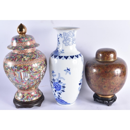 1081 - A CHINESE REPUBLICAN PERIOD GINGER JAR AND COVER together with two porcelain vases. Largest 40 cm hi... 