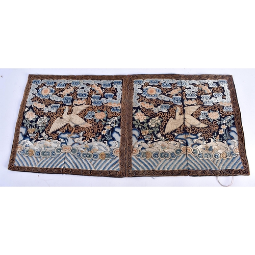 1087 - A FINE PAIR OF CHINESE QING DYNASTY SILK EMBROIDERED RANK BADGES decorated with birds in flight. 60 ... 