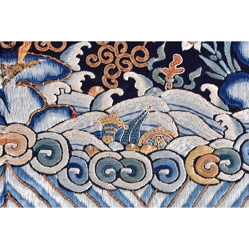 1087 - A FINE PAIR OF CHINESE QING DYNASTY SILK EMBROIDERED RANK BADGES decorated with birds in flight. 60 ... 