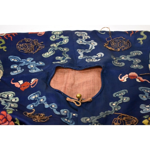 1091 - A 19TH CENTURY CHINESE SILK EMBROIDERED BLUE DRAGON ROBE Qing. 148 cm x 170 cm.