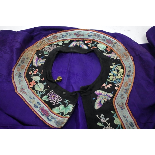 1092 - A 19TH CENTURY CHINESE SILK EMBROIDERED PURPLE BUTTERFLY ROBE Qing. 130 cm x 120 cm.