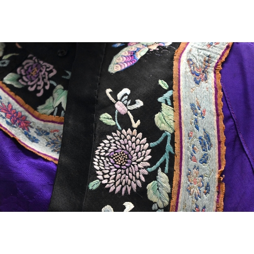 1092 - A 19TH CENTURY CHINESE SILK EMBROIDERED PURPLE BUTTERFLY ROBE Qing. 130 cm x 120 cm.