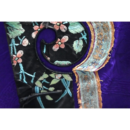 1092 - A 19TH CENTURY CHINESE SILK EMBROIDERED PURPLE BUTTERFLY ROBE Qing. 130 cm x 120 cm.