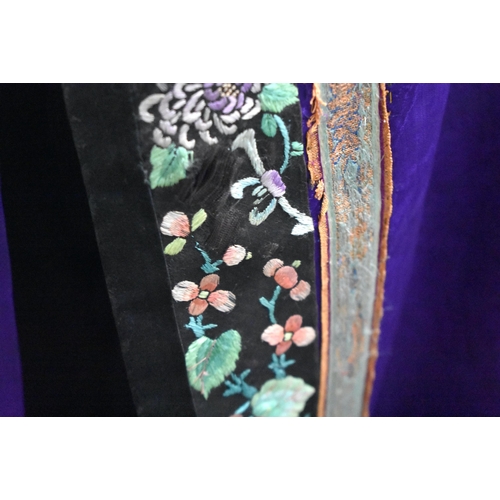 1092 - A 19TH CENTURY CHINESE SILK EMBROIDERED PURPLE BUTTERFLY ROBE Qing. 130 cm x 120 cm.