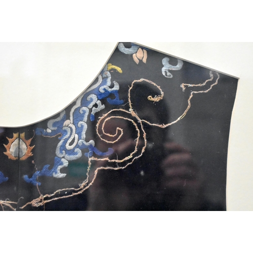 1096 - A LARGE 19TH CENTURY CHINESE FRAMED MIDNIGHT BLUE SILK DRAGON ROBE Qing. 106 cm x 86 cm.