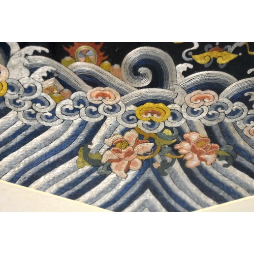 1096 - A LARGE 19TH CENTURY CHINESE FRAMED MIDNIGHT BLUE SILK DRAGON ROBE Qing. 106 cm x 86 cm.