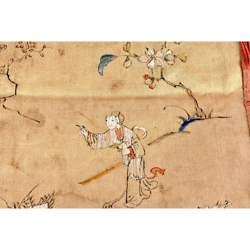 1097 - A RARE 18TH CENTURY CHINESE GU TYPE SILK EMBROIDERED PANEL Qianlong, depicting figures within a land... 