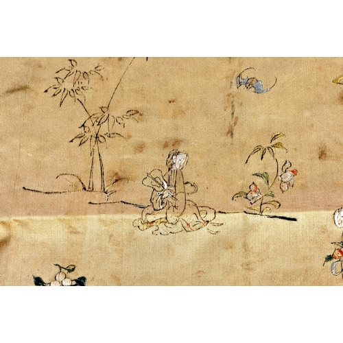 1097 - A RARE 18TH CENTURY CHINESE GU TYPE SILK EMBROIDERED PANEL Qianlong, depicting figures within a land... 