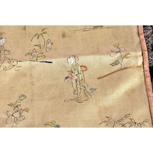 1097 - A RARE 18TH CENTURY CHINESE GU TYPE SILK EMBROIDERED PANEL Qianlong, depicting figures within a land... 