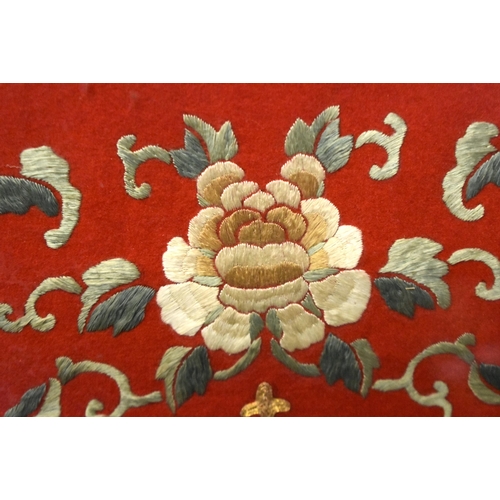 1102 - A LARGE 19TH CENTURY CHINESE RED SILK EMBROIDERED CHAIR COVER Qing. 172 cm x 52 cm.