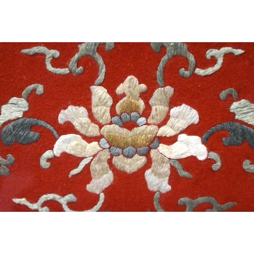 1102 - A LARGE 19TH CENTURY CHINESE RED SILK EMBROIDERED CHAIR COVER Qing. 172 cm x 52 cm.